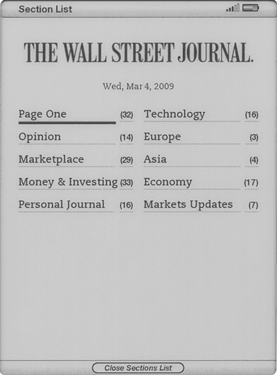The Wall Street Journal auf dem Kindle 2