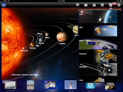Drop-down-Menü auf der NASA-iPad-App