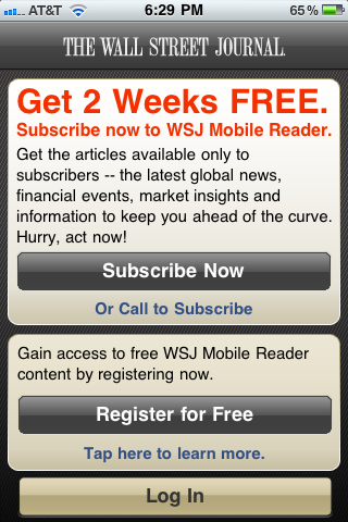 Startseite der WSJ-iPhone-App