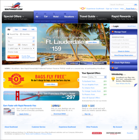Alte Homepage der Southwest Airlines