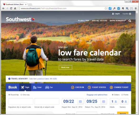 Homepage der Southwest Airlines