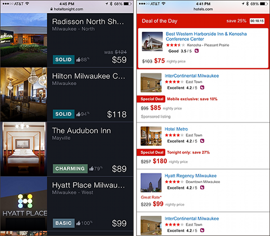 Screenshot: Links sieht man Hotel Tonight; Rechts Hotels.com