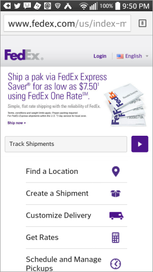 einfaches Menü bei der Mobile-Version von Fedex