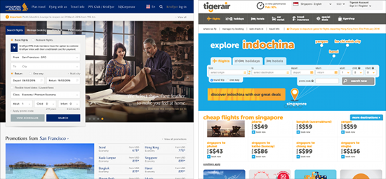 Screenshots von Singapur Airlines und Tigerair